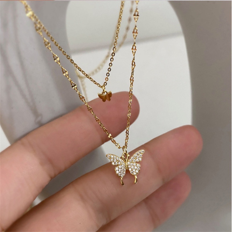 Kalung Choker Kristal Double Layer Dengan Liontin Butterfly Untuk Wanita