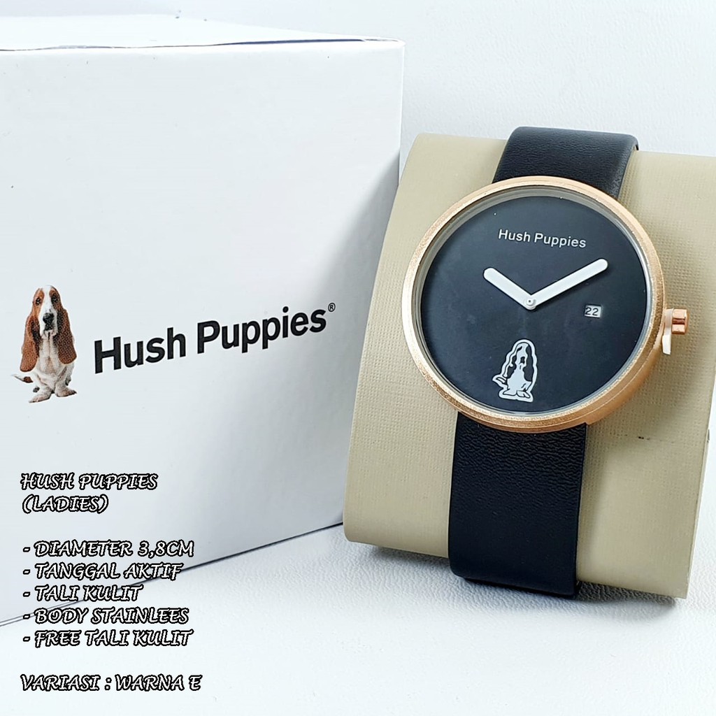 JAM TANGAN WANITA HUSH PUPPIES TALI KULIT BODY BULAT TANGGAL AKTIF FREE TALI KULIT