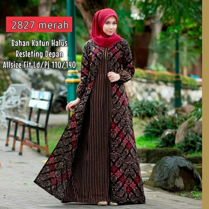 (BISA COD) New Gamis Batik Wanita Modern Kombinasi Polos-Gamis Batik Pekalongan - Merah, M