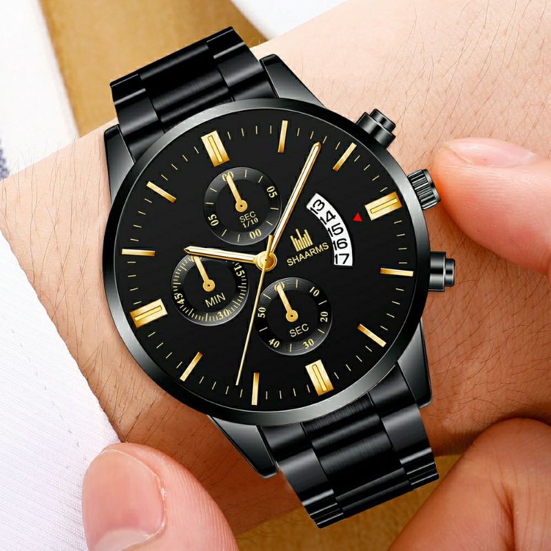 Jam Tangan SHAARMS Pria Strap Stainless Steel Kalender Model Kasual Cowok Milenial JT36A