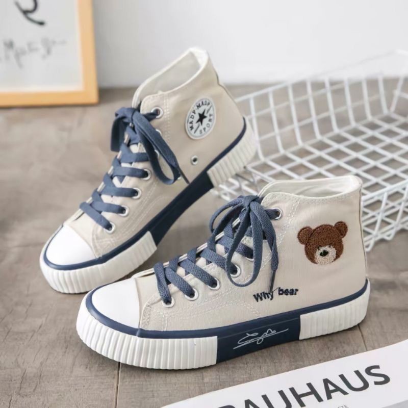 Sepatu Korea Wanita Why Bear Tinggi Putih Navy Import / Sepatu Sneakers Canvas Korean Style White High Women Fashion