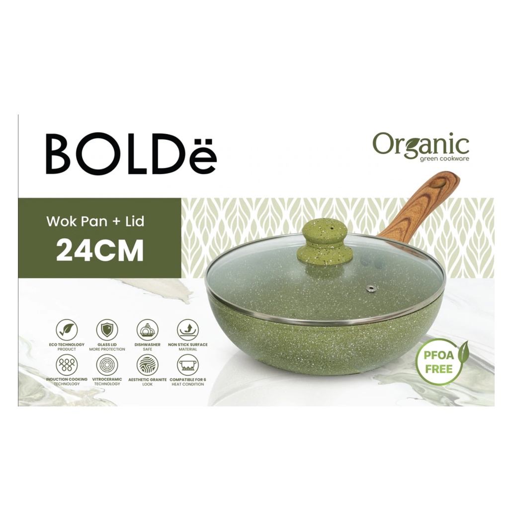 BOLDe Organic Green Wok Pan + Glass Lid 24cm