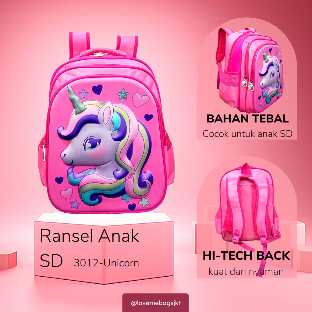 LMB Tas Anak Sekolah Perempuan SD Import Karakter Lucu Unicorn Love Bahan Nilon Premium Tebal Gambar Depan Timbul 6D