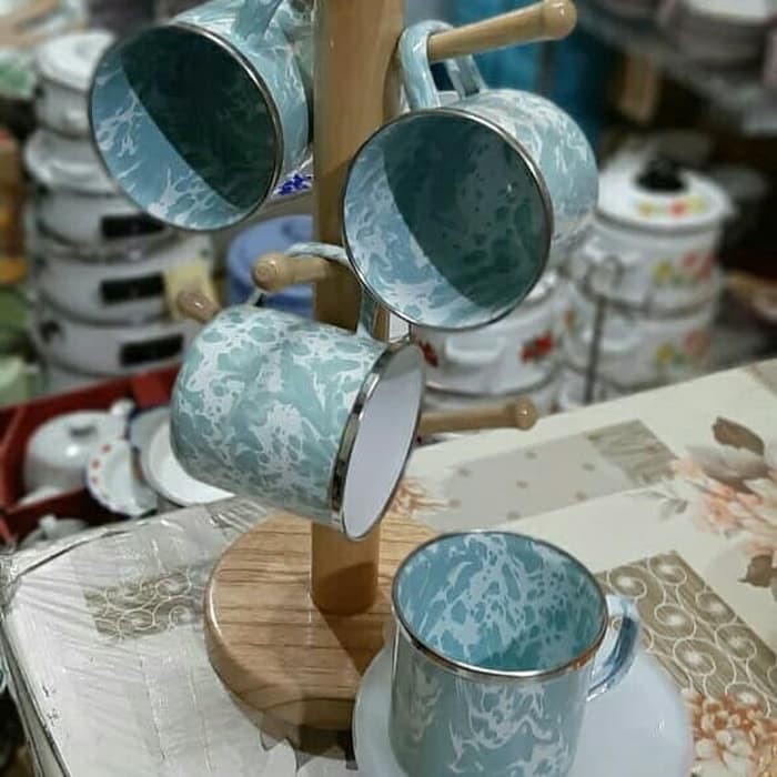 MUG CANGKIR GELAS ENAMEL SENG BLIRIK BLURIK LURIK BURIK LOREK LORENG BATIK JADUL KUNO TOSCA  8,5 CM