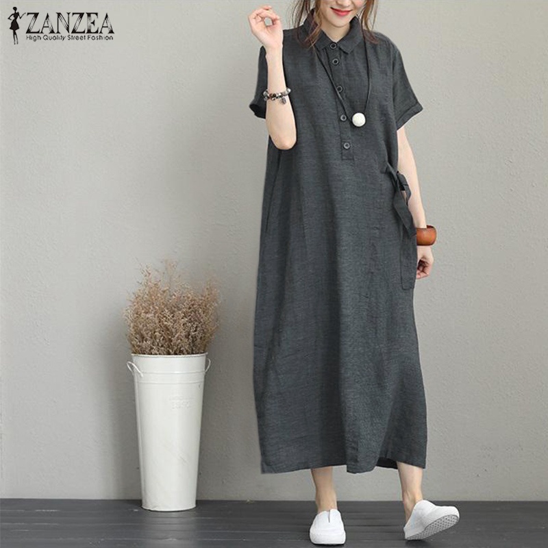 ZANZEA Womens Retro Short Sleeve Buttons Down Baggy Maxi Dress