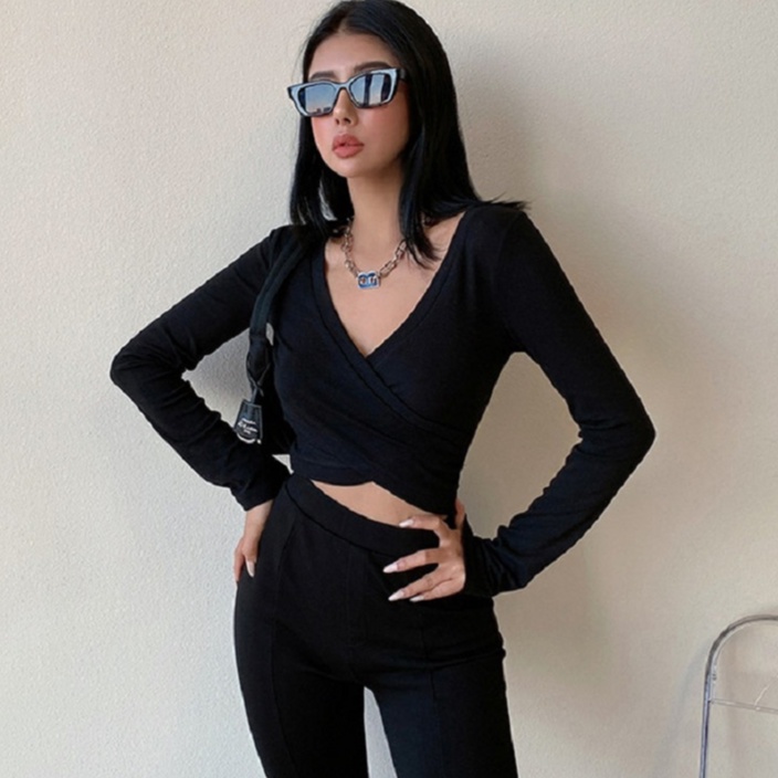 【LIVIAHOME】Sexy Ruched Cross Wrap Solid Crop Top 7303