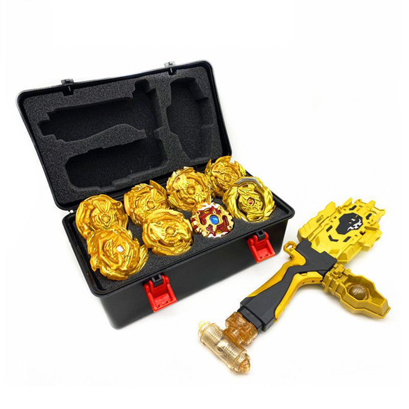 8pcs Golden Beyblade Set Gyro Burst With Launcher Portable Storage Box Kids Gift