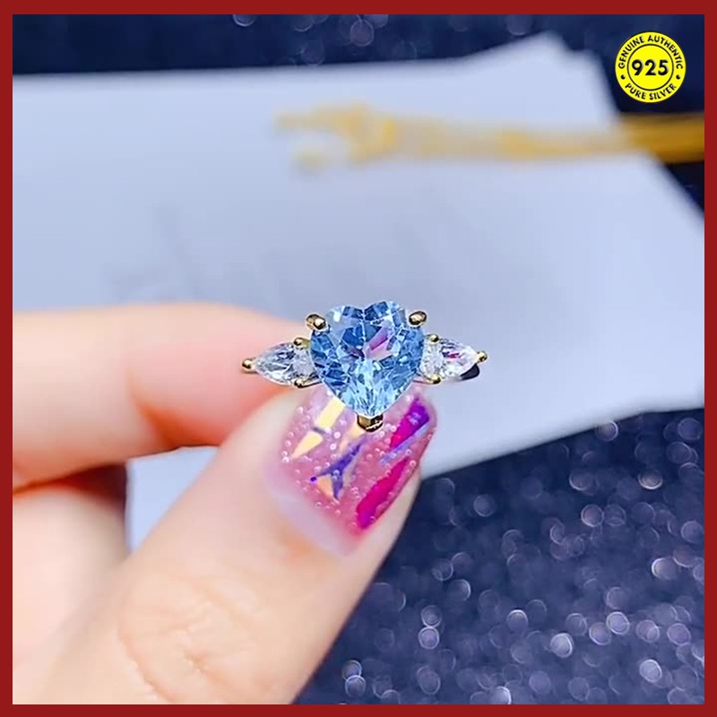 Cincin Batu Permata Topaz Biru Langit Bentuk Hati Model Terbuka