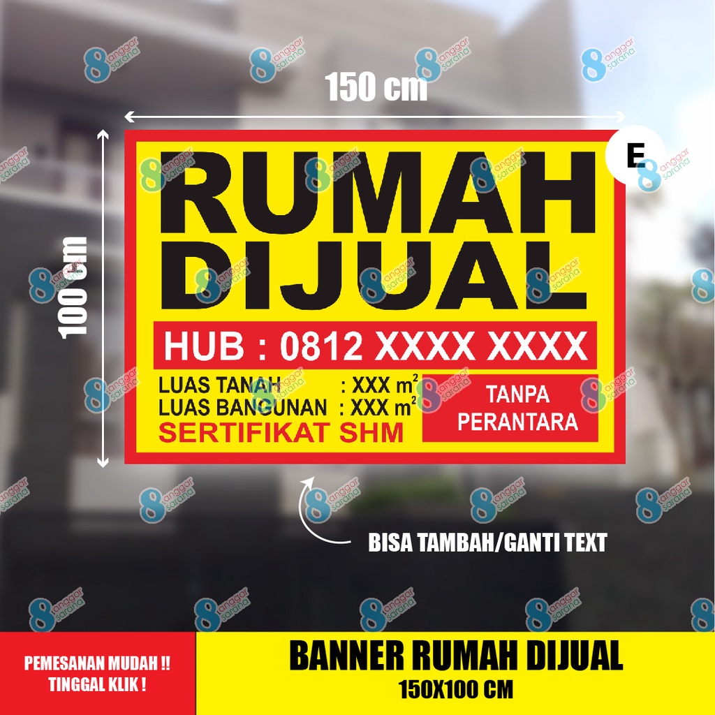 Banner Spanduk Rumah Dijual / Rumah Disewakan / Rumah Dikontrakan /  Tanah dijual Ukuran 100X150 CM