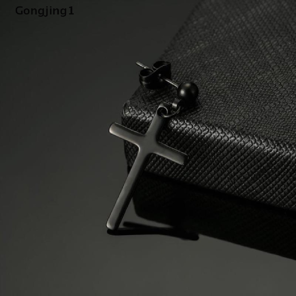 Gongjing1 Pasang Anting Tusuk Gantung Desain Salib Warna Hitam Gaya Punk Untuk Priawanita