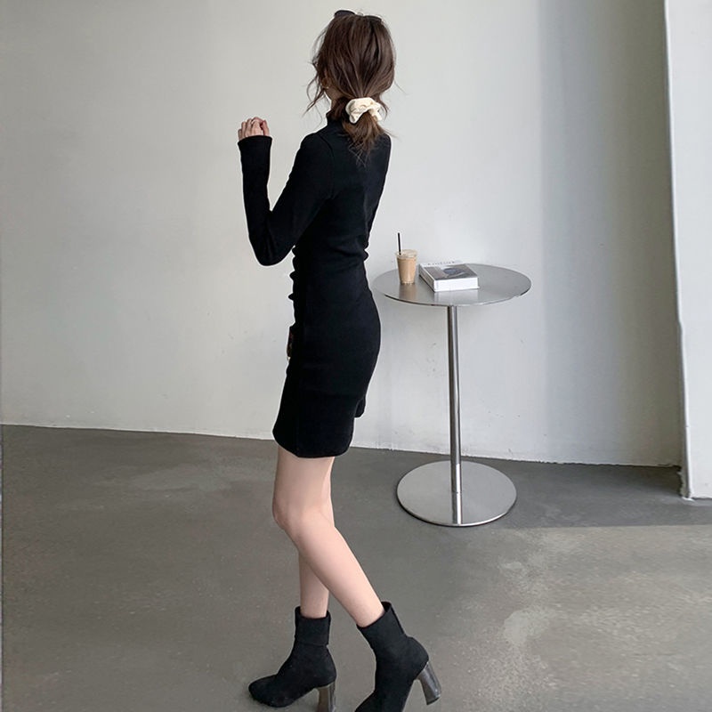 dress gaya korea hitam turtleneck beludru bottoming tas rok hip dress wanita pinggang ramping rok pe