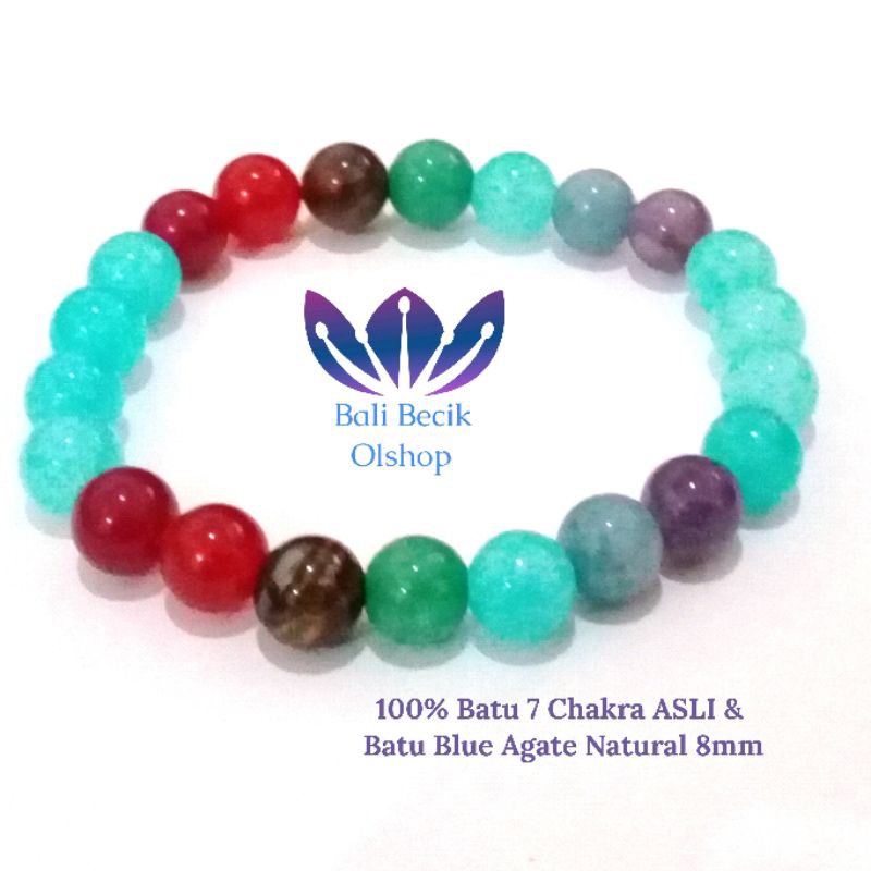 Gelang Batu 7 Chakra Cakra ASLI dan Batu Blue Agate Natural 8mm