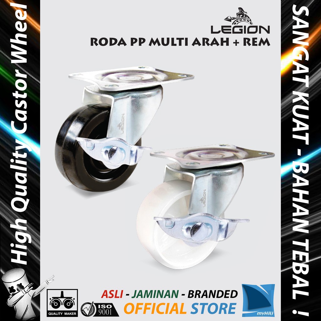 Roda Lori 2&quot; inch / 50 mm Multi Arah + REM Besi Caster Troli - Trolley BRAKE Castor Wheel LEGION