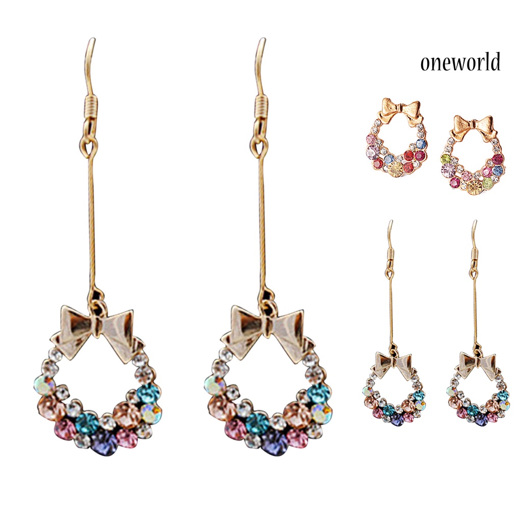 OW# Colorful Rhinestone Drop Earrings Bow Women Circle Hook Earrings Stud Earrings Fashion Jewelry