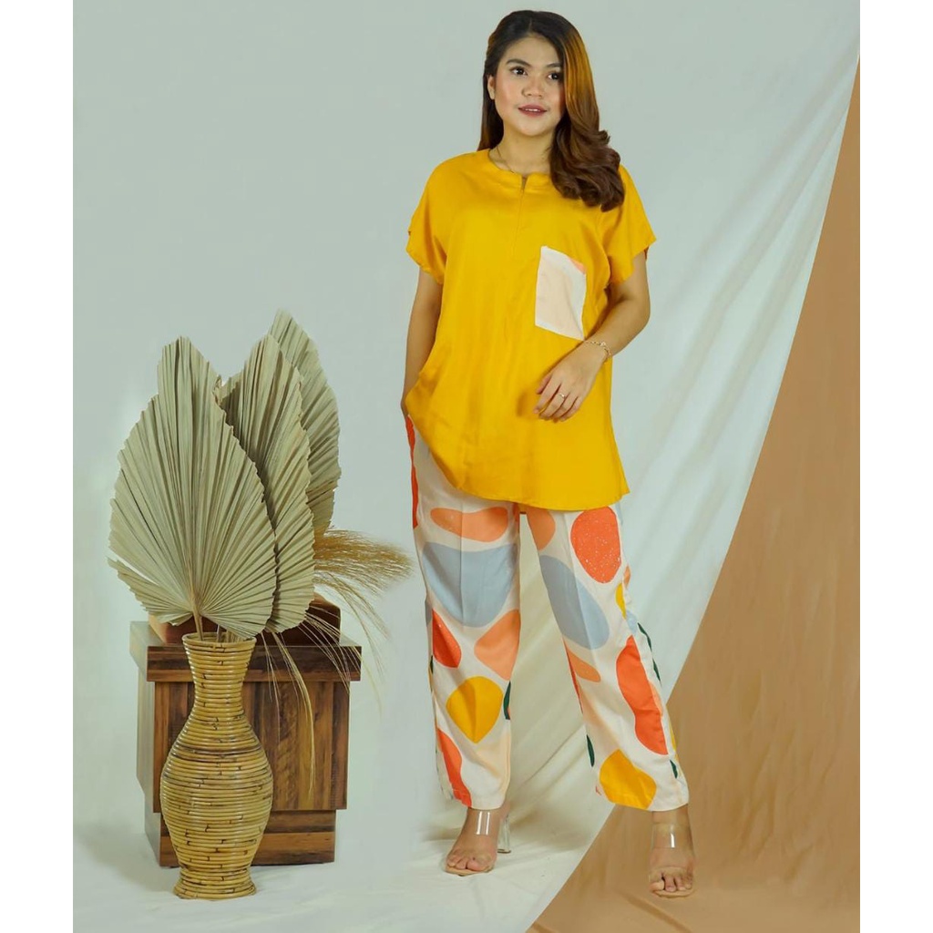 Setelan Piyama Babydoll Lengan Pendek Kekinian Baju Tidur One Set Rayon Premium Wanita Dewasa Busui-Stone Yellow