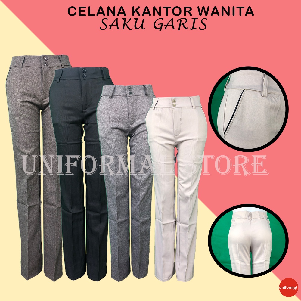 Celana Bahan Wanita Kerja List Saku Ukuran S - 5L Bahan Gabardine Premium Hitam Cream Abu Mocca / Dasar / Formal / Kantor / Kantoran / Lurus / Celana Bahan Termurah / Terlaris Murah