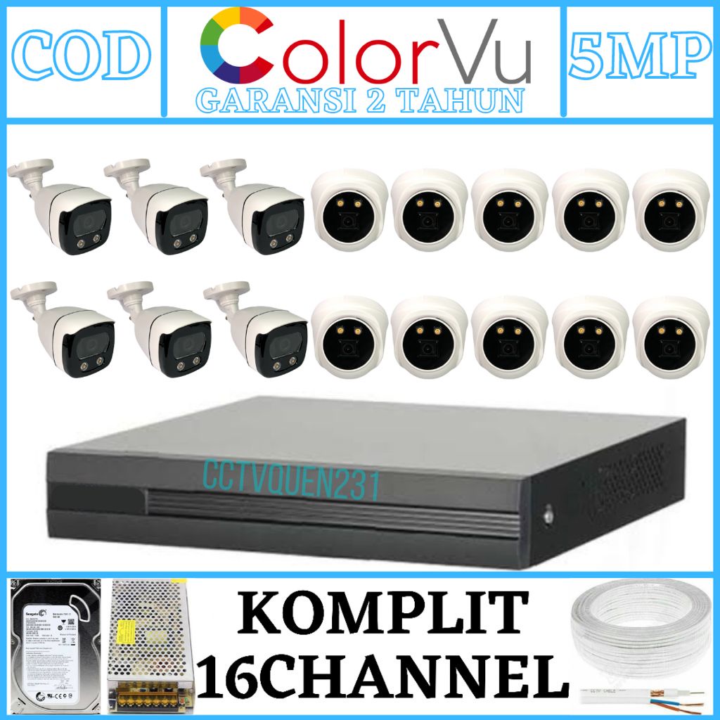 PAKET CCTV COLORVU 16 CHANNEL 16 KAMERA FULL COLOR IR SONY 5MP 1080P TURBO HD KOMPLIT