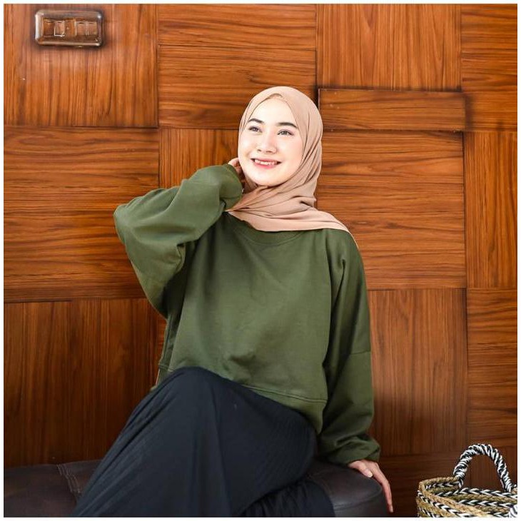 OVERSIZE CROP SWEATER - SWEATER WANITA TERBARU - BAHAN FLECE TEBAL DAN LEMBUT-army