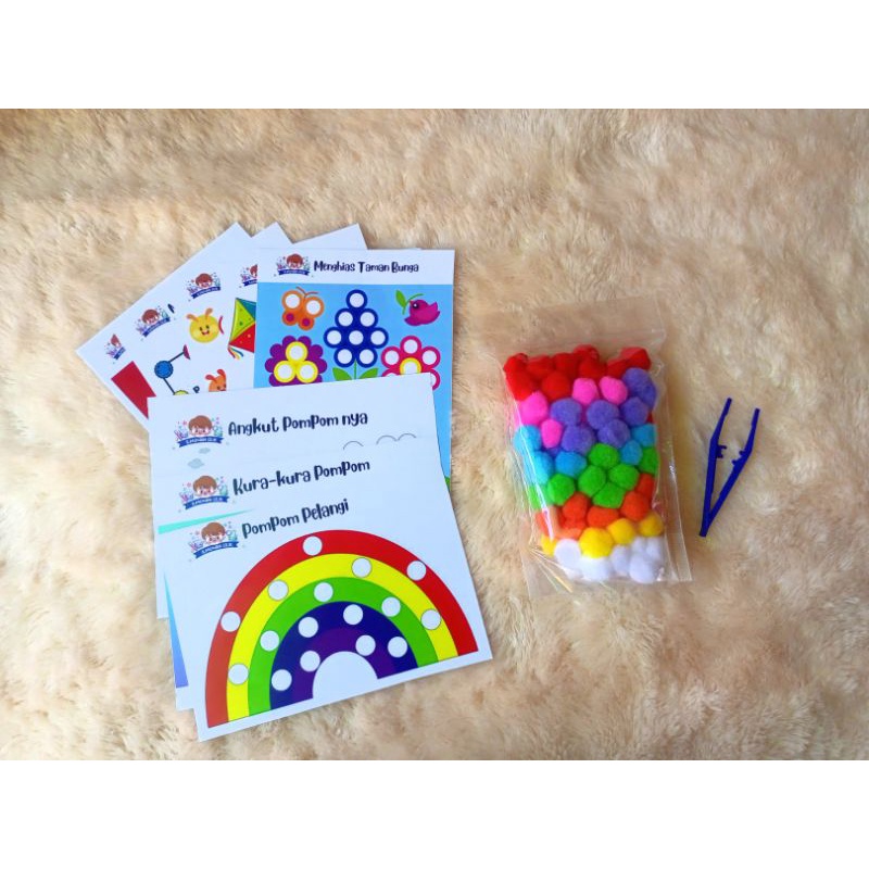 Paket Worksheet Pompom Bola Bulu Warna Tweezer Motorik Sensory Montessori Mainan Edukasi Balita