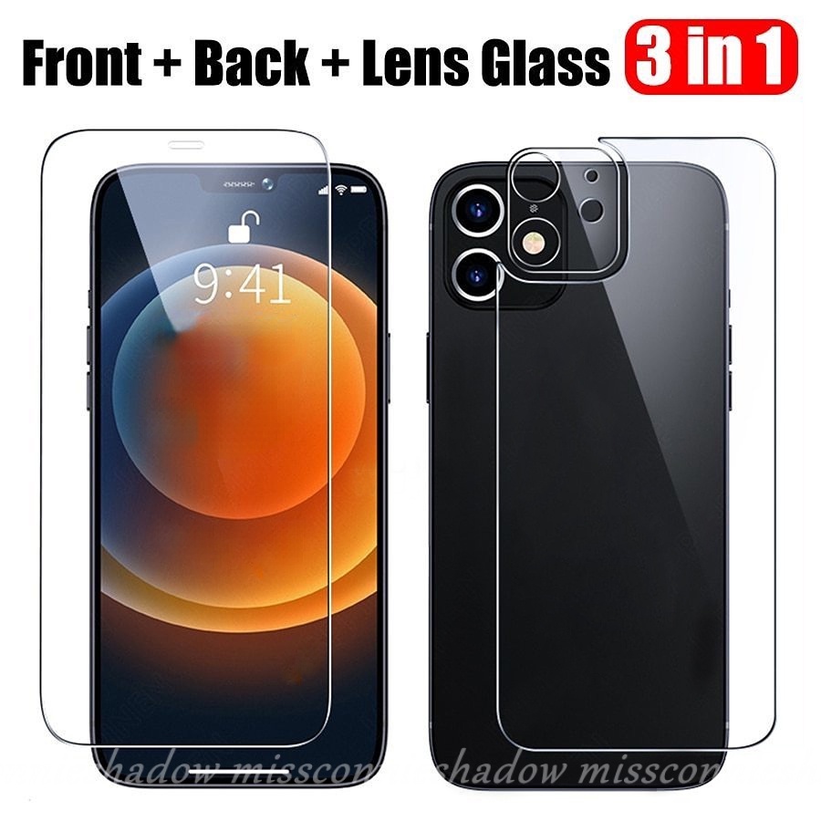 3-in-1 Tempered Glass Film Compatible for iPhone 7 8 Plus 12 11 13 Pro Max XR X XS MAX 11Pro Max 6 6S SE 2020 Front Back Lens Glass Screen Protector Tempered Glass