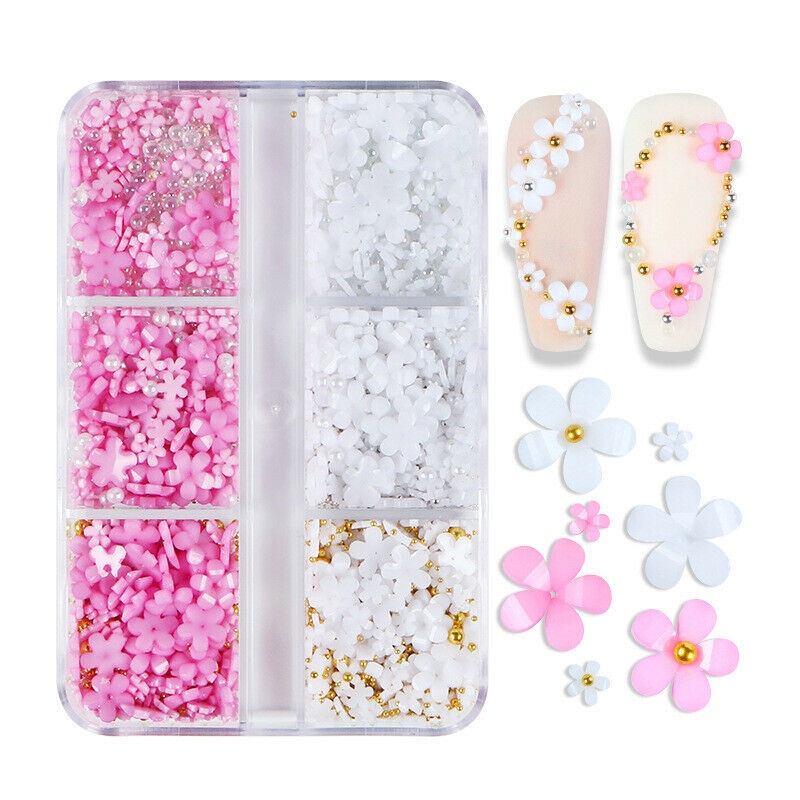 6 Grid / Box Manik-Manik Kristal Mutiara Bunga 3D Bahan Metal Akrilik Untuk Dekorasi Nail Art