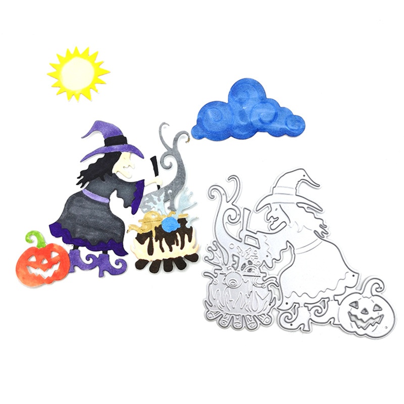 Cetakan Stensil Cutting Dies Motif Penyihir Halloween Bahan Metal Untuk Scrapbook / Craft Diy