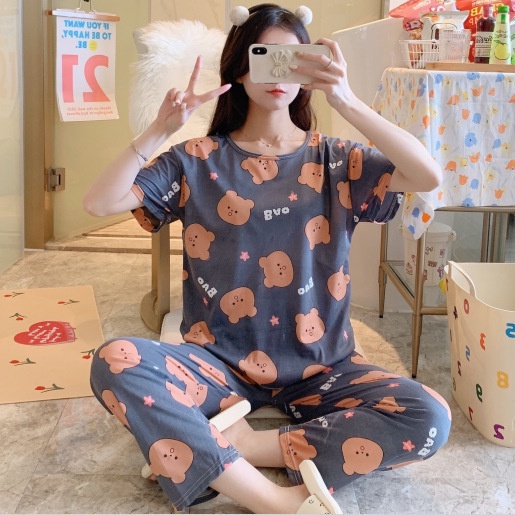 UNNY.ID Baju Setelan Piyama Import Lengan Pendek Celana Panjang Baju Rumah Baju Tidur Wanita Motif Kartun-Bear