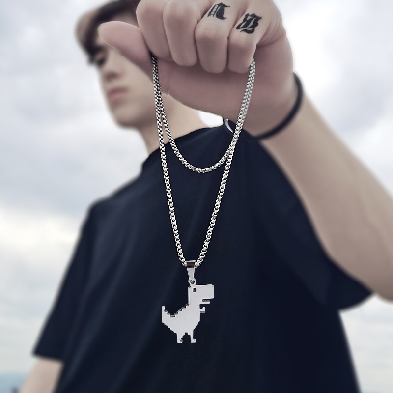 Kalung Panjang Desain Dinosaurus Kecil Bahan Titanium Steel Gaya Hip hop Untuk Pria Dan Wanita