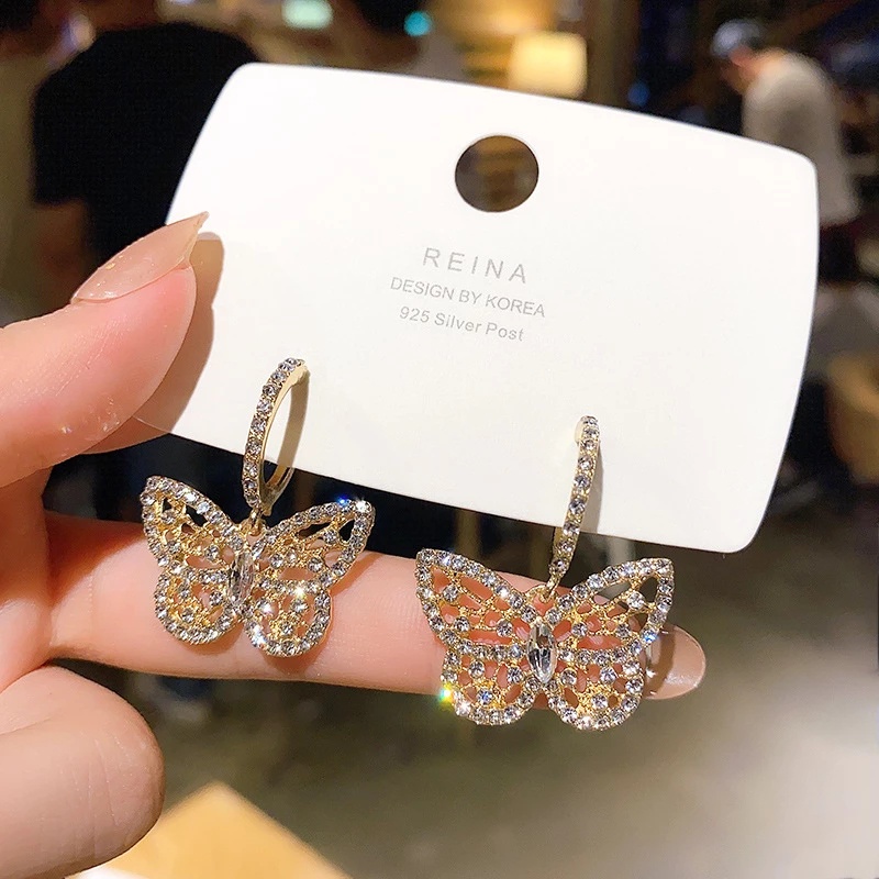 Anting Giwang Sterling Silver 925 Model Kupu-Kupu Dengan Kristal Untuk Wanita