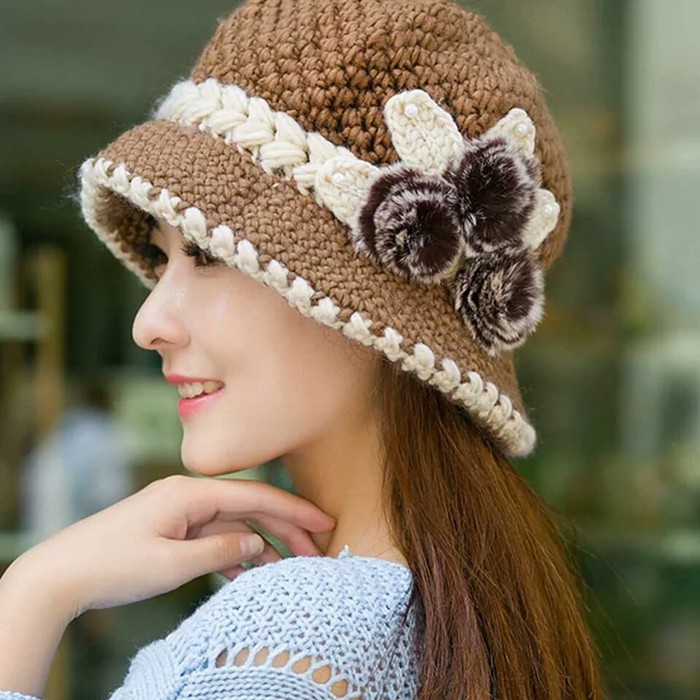 topi wool rajut bunga - topi wanita Import Limited
