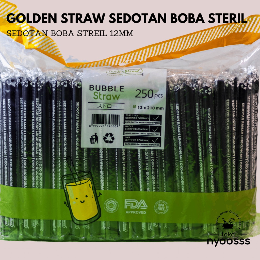 GOLDEN STRAW SEDOTAN BOBA 12MM STERIL WARNA HITAM ISI 250PCS