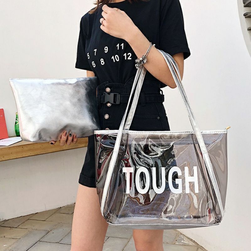 Tas Tote Wanita Transparan Tough Shoulder Bag Pvc Import TW1811