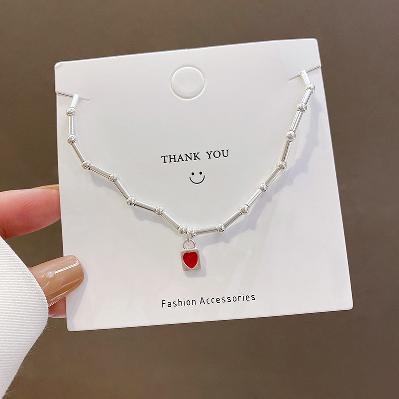 Gelang Bangle Desain Bambu Hati Merah Bahan Silver Gaya Korea Untuk Wanita