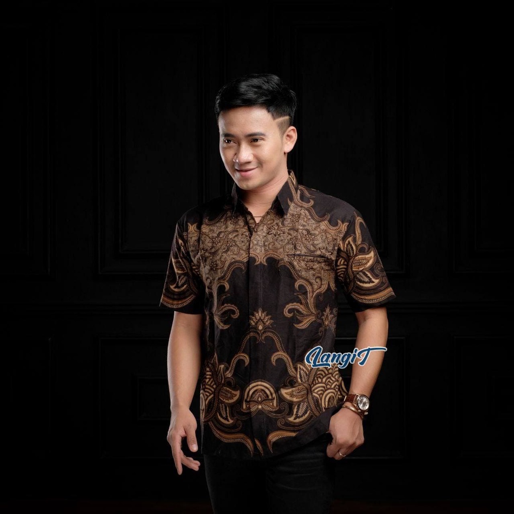 Batik Pria Lengan Pendek Premium BATIK AZMIL HRB026 motif KERATONAN Kode 002 size M L XL XXL-PENDEK-Mutiara hitam