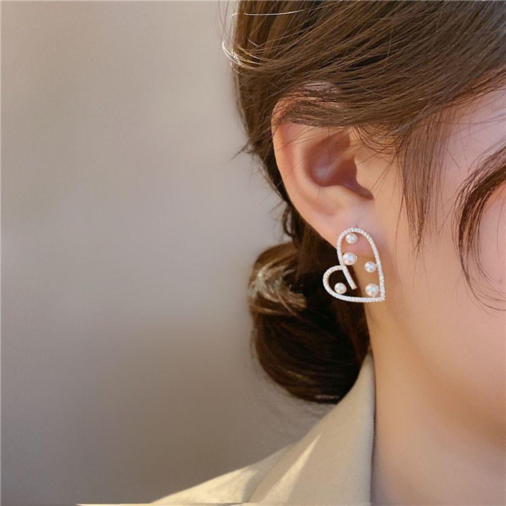 Mxbeauty Wanita Anting Berlian Imitasi Atmosfer Pesta Perhiasan Hadiah Indah Aksesoris Telinga Mutiara Hati Stud Earrings