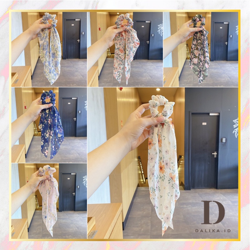 Ikat Rambut Karet Scrunchie Panjang untuk Wanita Korea Motif Bunga Bahan Halus Dalika