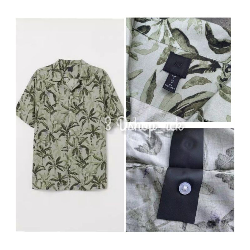 Kemeja Pria HM Patterned Resort Shirt Green Leaf Original HnM Pantai Beach