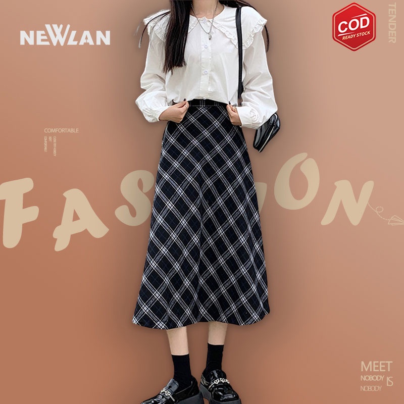 Newlan QZ010 Rok Kotak Kotak Panjang Motif Rok Korean Style Panjang Naya Skirt Kotak Long Skirt-XL