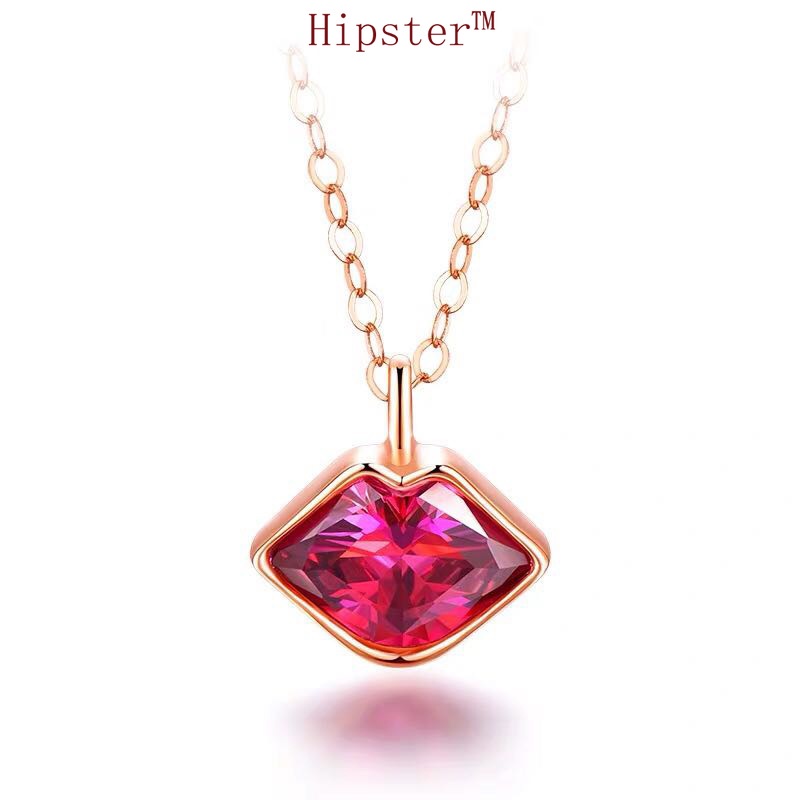 Creative Design Romantic Couple Kiss Red Lips Inlaid Natural Ruby Pendant Rose Gold Necklace