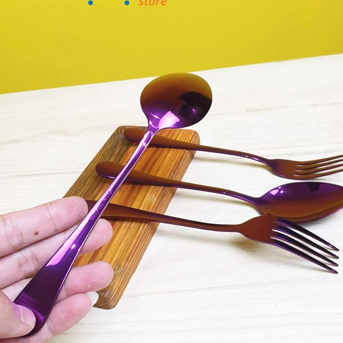 Model baru - Sendok Garpu Korea Set Ungu Sendok Makan Stainless Steel Ungu Purple