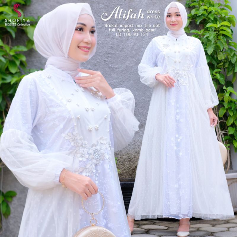 BAJU GAMIS PUTIH DRESS WARNA PUTIH RAYA SERIES DRESS LEBARAN BRUKLAT ALIFA MAXY ORI BY SHOFIYA