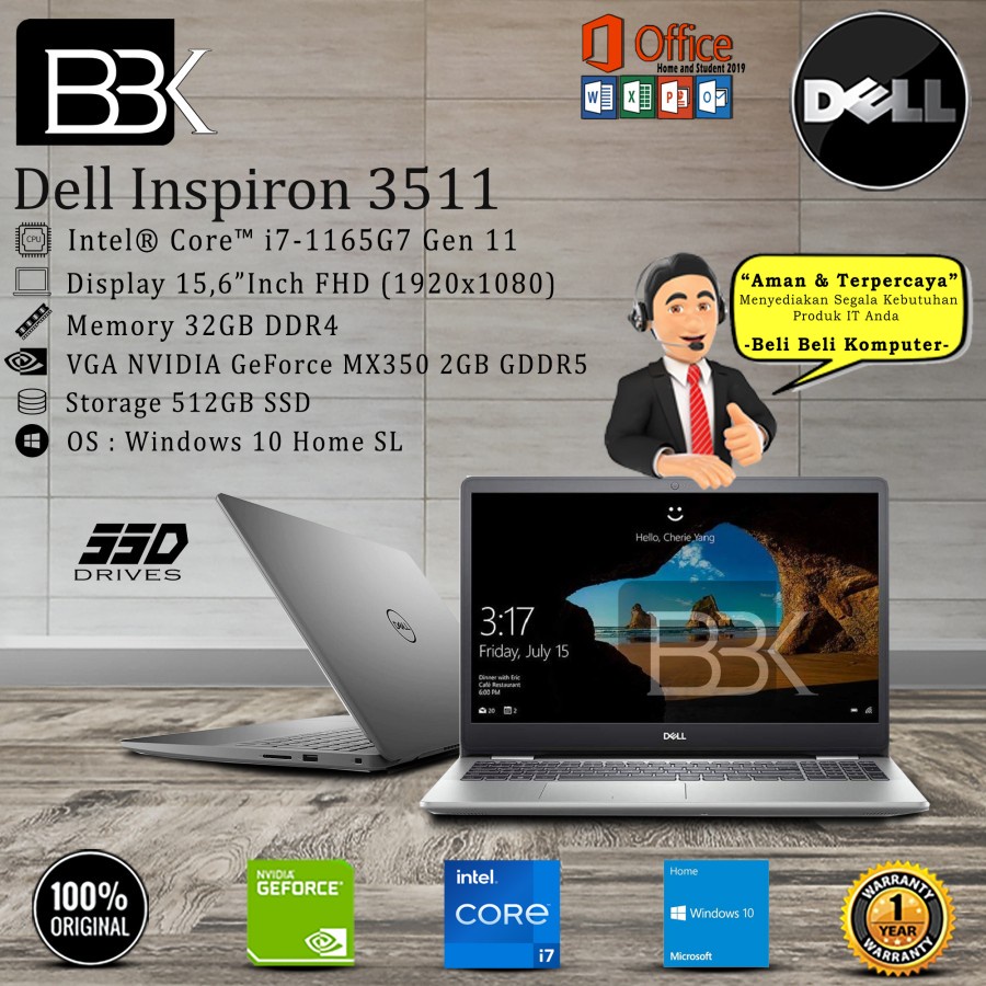 Dell Inspiron 3511 i7-1165G7 32GB 512GB SSD VGA 2GB WIN10HSL OHS 1YR