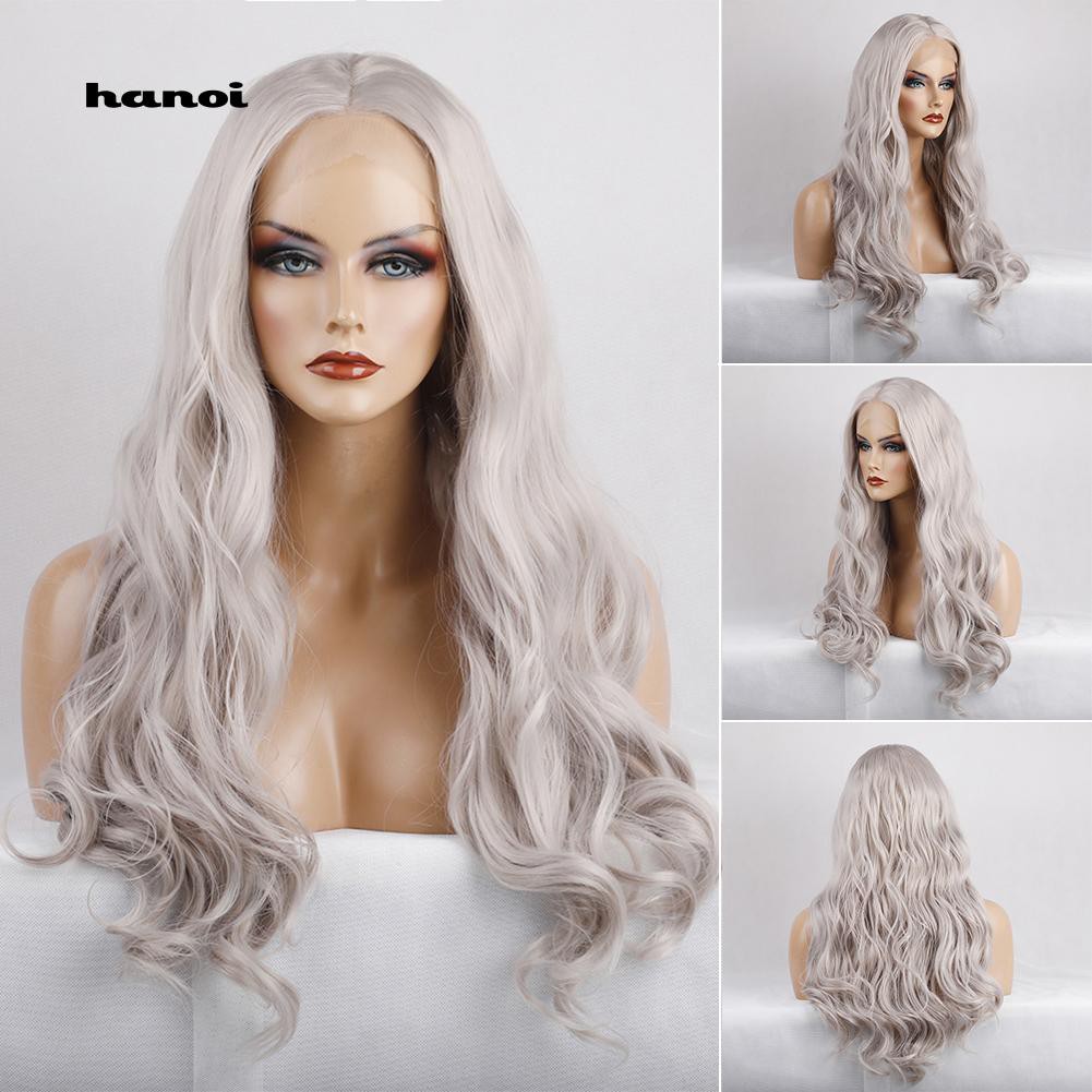 Hn Silver Gray Central Parting Long Curly Women Wig Faux Hair