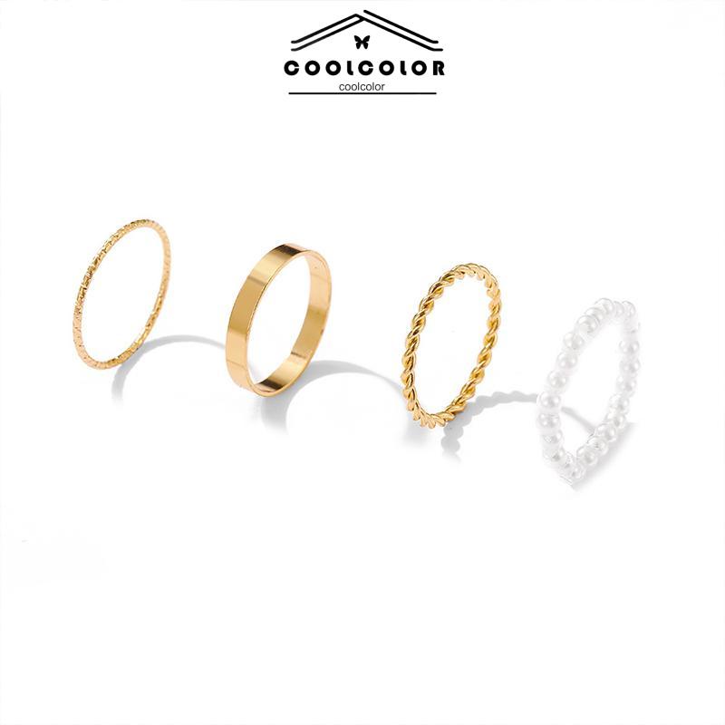 Murah❤️4 Pcs/Set Korea Wanita Mutiara Cincin Wanita Emas Cincin Logam Set Fashion Perhiasan Aksesoris- cl