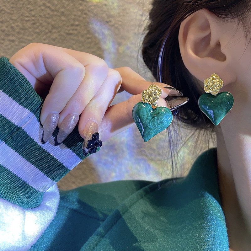 Anting Tusuk Gantung Bahan Sterling silver 925 Desain Hatibunga Mawar Hijau Untuk Wanita