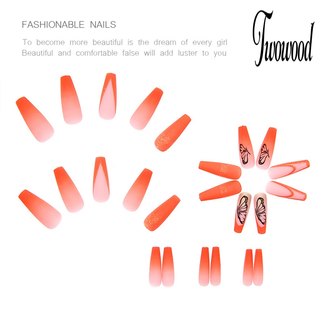 Twowood 24Pcs / Set Kuku Palsu Motif Kupu-Kupu Bahan ABS Tahan Pudar Untuk Nail Art / Manicure