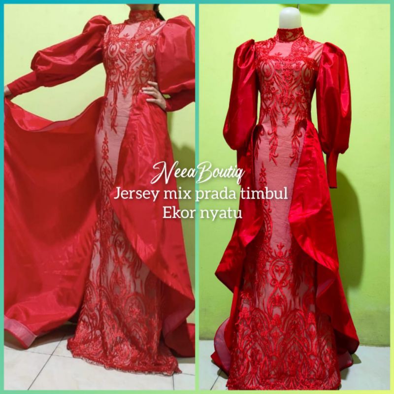 baju singer/baju penyanyi/baju pesta/baju duyung/elisabb merah hitam ekor lengan balon