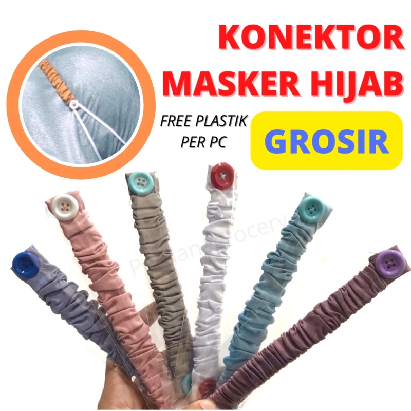 KONEKTOR MASKER HIJAB POLOS/POLKADOT WARNA DOFF TALI STRAP KANCING BESAR TERMURAH