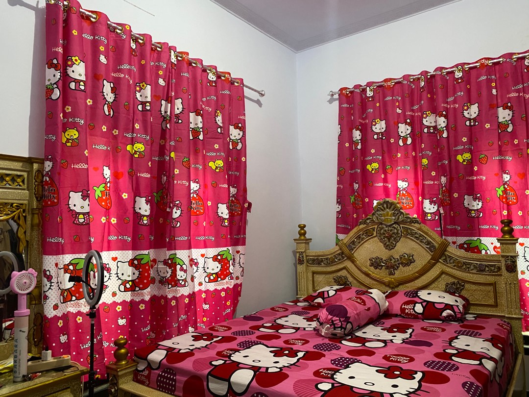 Gorden Ring 12 Korden Pintu Dan Jendela Hordeng Murah Tirai Kamar Motif Warna Pink Hello Kitty