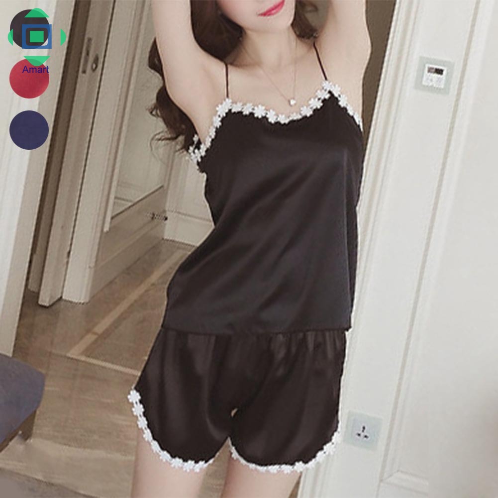 2Pcs Set Piyama U Neck Tanpa Lengan Tali  Spaghetti Celana  